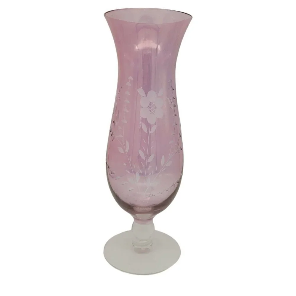Vintage Amethyst Etched Flashed Glass Vase Light Purple Opalescent Sheen 10